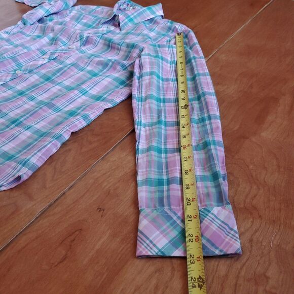 Talbots Long Sleeve Button Up Shirt L Plaid Pink Teal Collar Cotton Lightweight - Picture 9 of 9